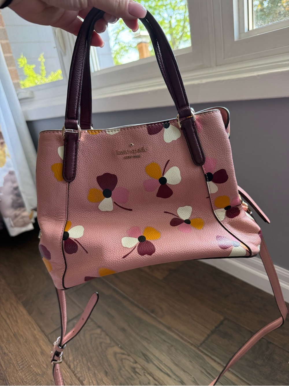 kate spade Pink Floral Leather Satchel with Plum Handles